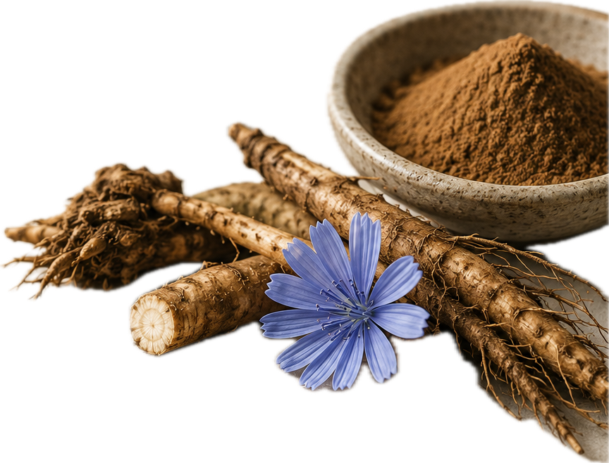 Chicory roots, powder and flower